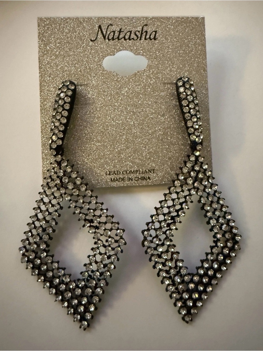 Natasha Couture Silver Rhinestone Open Diamond Drop Earrings